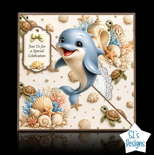 Cute Dolphin & Sea Turtles 3D Decoupage Card Kit | Ocean Celebration Card Topper | Nautical Shells & Coral Greeting Card