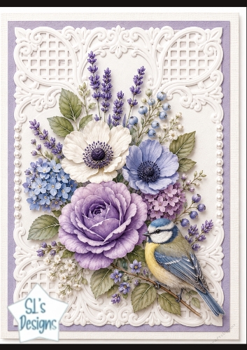 Lavender Rose & Bluebird Floral Card Topper