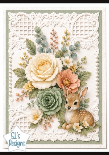 Peach & Cream Floral Fawn Card Topper