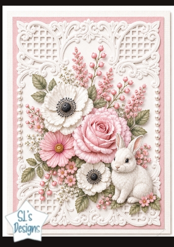 Pink Roses & Bunny Floral Card Topper