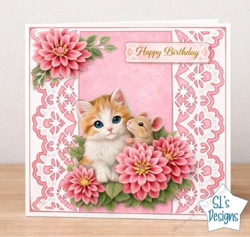 Happy Birthday Card Topper – Cute Kitten and Mouse with Pink Flowers