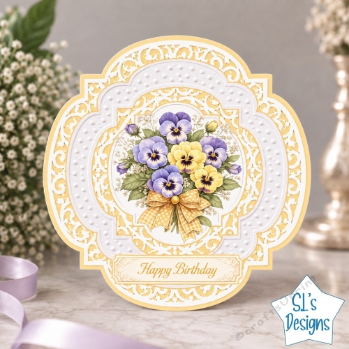 Elegant Yellow & Purple Pansy Birthday Card Front