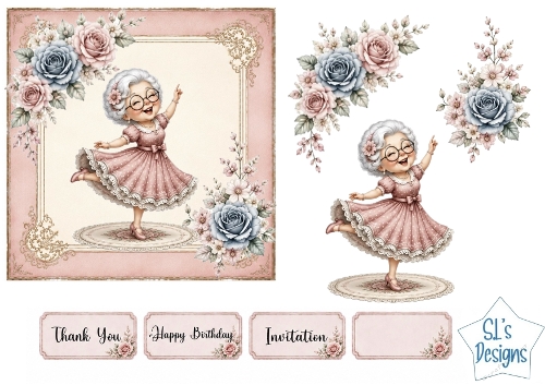 Vintage Dancing Lady & Floral Frame Card Front Set
