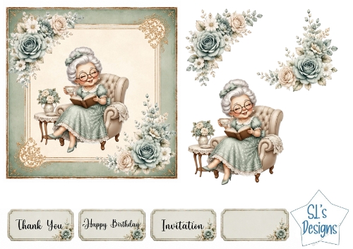 Vintage Cozy Lady in Armchair Floral Card Front Set