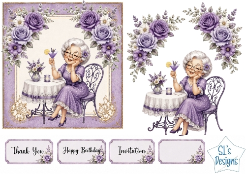 Vintage Lavender Cocktail Lady Floral Card Front Set