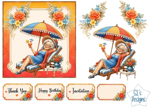 Vintage Summer Relaxing Lady Floral Card Front Set