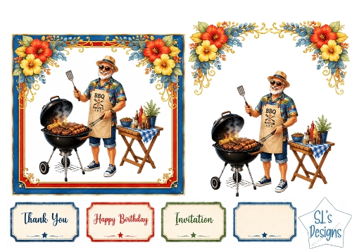 Vintage BBQ Master Man Summer Floral Card Front Set