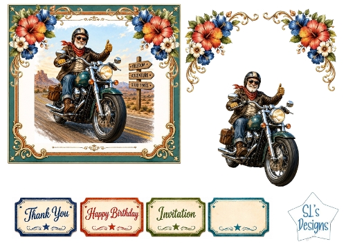 Vintage Motorcycle Adventure Floral Card Front Set