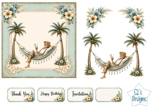 Vintage Tropical Hammock Man Floral Card Front Set