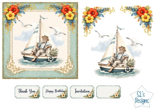 Vintage Sailing Boat Man Nautical Floral Card Front Set