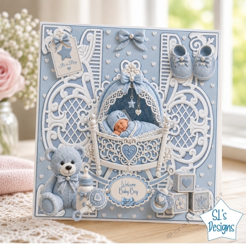 Elegant Blue Baby Boy Cradle 3D Card Front