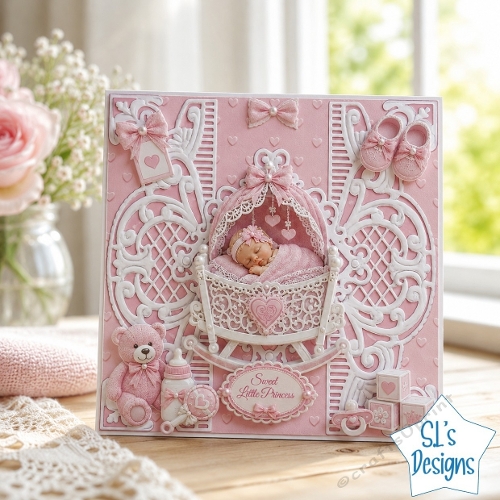 Elegant Pink Baby Girl Cradle 3D Card Front