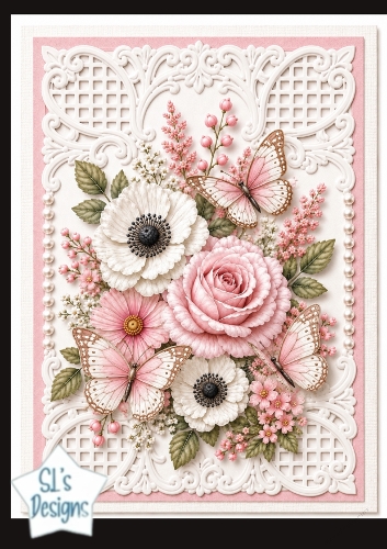 Pink Rose & Anemone Floral Butterfly Card Topper