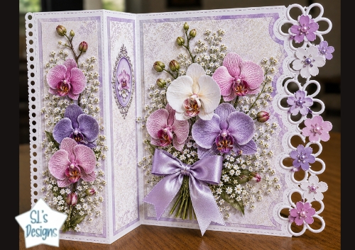 Elegant Orchid Bouquet Tri‑Fold Lace Card Topper