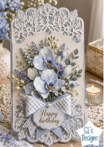 Elegant Blue Orchid Floral Happy Birthday Lace Card Topper