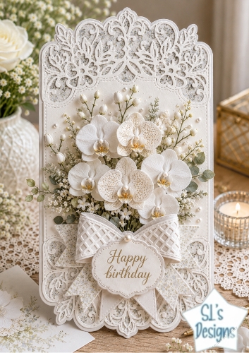 Elegant White Orchid Floral Happy Birthday Lace Card Topper