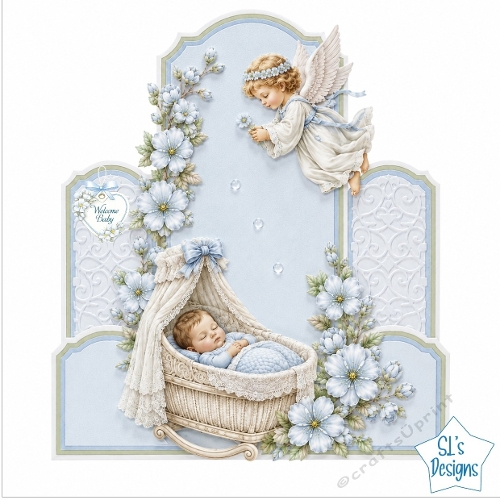 Angel & Baby Boy Cradle Floral Welcome Baby Card Front