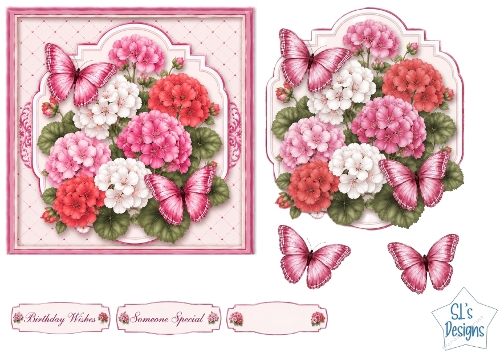 Geranium Flowers & Pink Butterflies Card Front with Sentiments