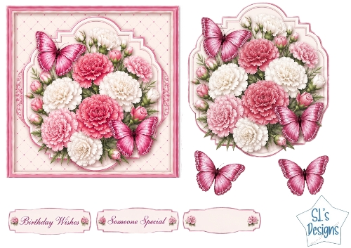 Pink & White Carnations with Butterflies Card Front & Sentiments
