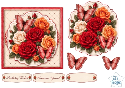 Red, Orange & Cream Roses with Butterflies Card Front & Sentiments