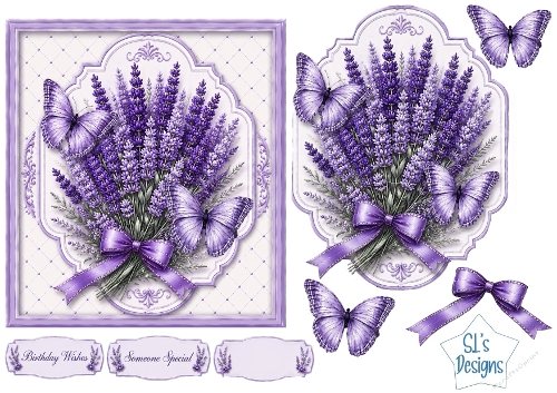 Lavender Bouquets & Purple Butterflies Card Front with Sentiments
