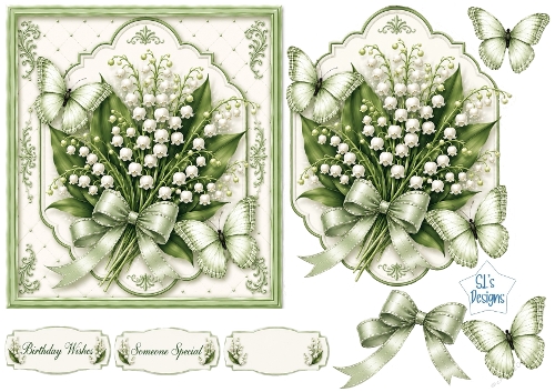 Lily‑of‑the‑Valley Bouquets & Green Butterflies Card Front with Sentiments