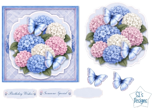 Pastel Hydrangeas & Blue Butterflies Card Front with Sentiments