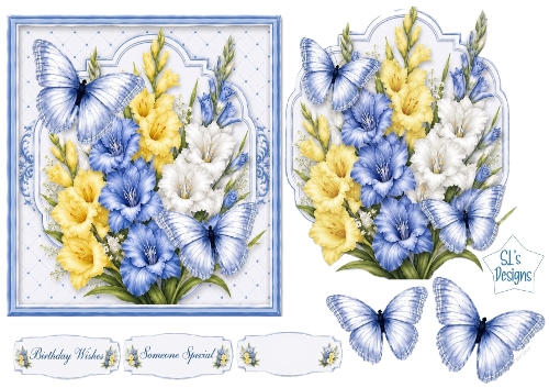 Blue, Yellow & White Gladiolus with Butterflies Card Front & Sentiments