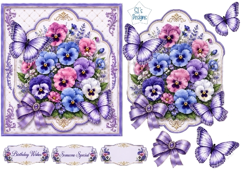 Purple Pansies, Bows & Butterflies Card Front with Sentiments