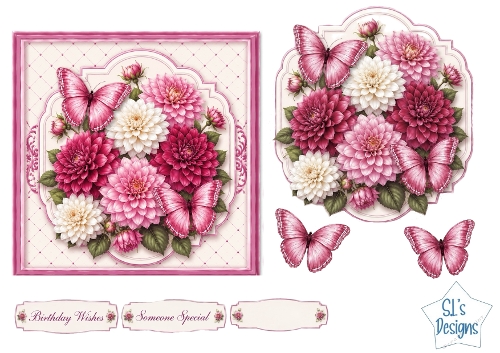 Pink, White & Burgundy Floral Card Front with Butterflies & Sentiments