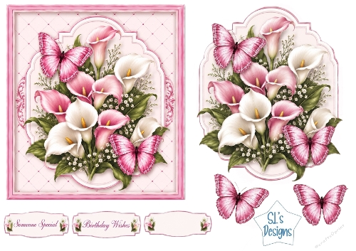 Pink & White Calla Lilies with Butterflies Card Front & Sentiments