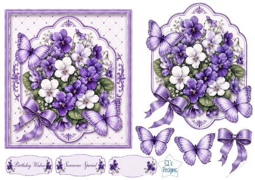  Purple & White Violets with Bows and Butterflies Card Front & Sentiments
