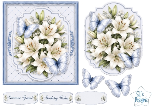 White Lilies & Blue Butterflies Card Front with Sentiments