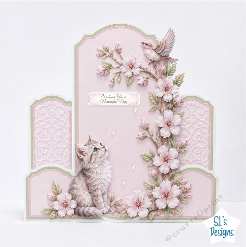 Kitten & Little Bird Among Blossoms Wishing You a Beautiful Day Card Front