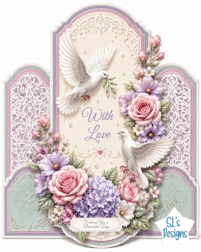 White Doves with Pastel Flowers With Love Card Front & Sentiments