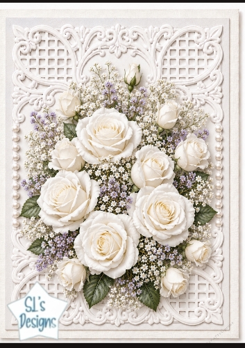 Elegant White Rose Bouquet & Lace 3D Floral Topper