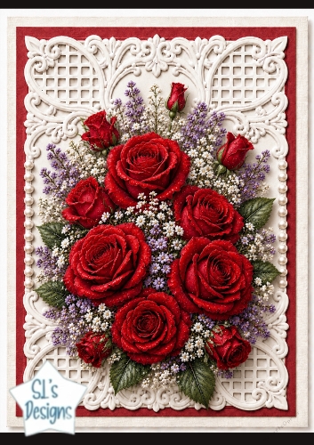 Red Rose Bouquet & Lace 3D Floral Topper