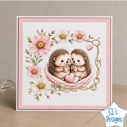 Cute Hedgehog Couple in Pink Nest Floral Card Front