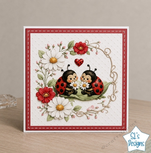 Cute Ladybug Couple with Daisies Floral Card Front