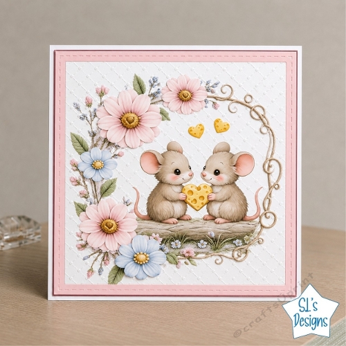 Cute Mouse Couple with Heart Cheese Floral Card Front
