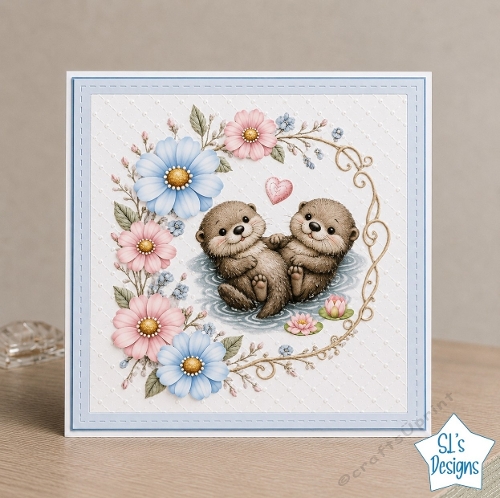 Cute Otter Couple Holding Hands Floral Card Front