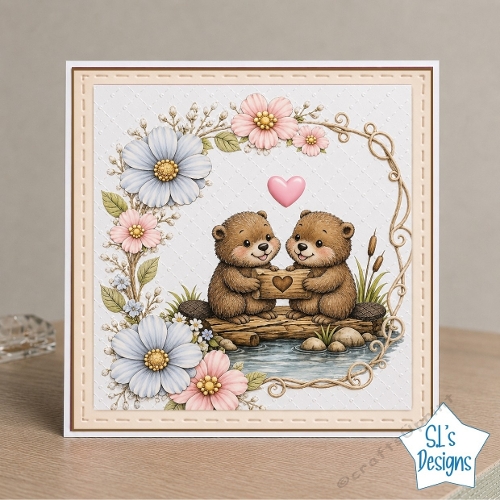 Cute Beaver Couple on Raft with Floral Frame Card Front
