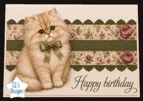 Cute Kitten Birthday Card Topper with Floral Borders