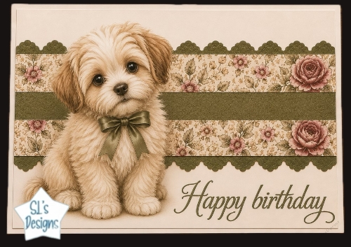 Cute Puppy Birthday Card Topper with Floral Borders