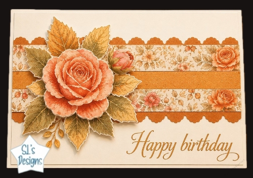Peach Rose Birthday Card Topper with Floral Borders