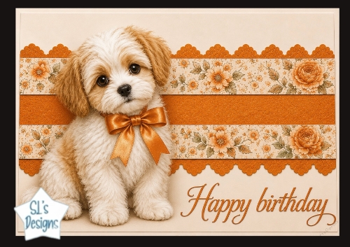 Cute Puppy Birthday Card Topper with Orange Bow