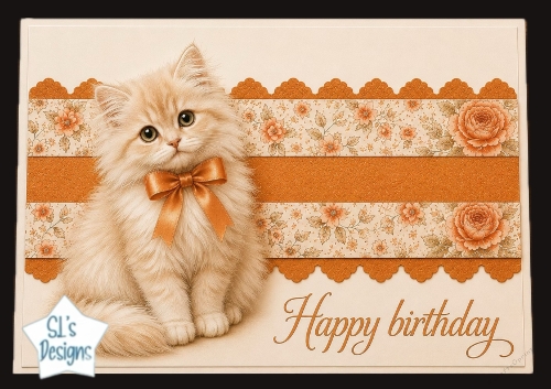 Cute Kitten Birthday Card Topper with Orange Bow