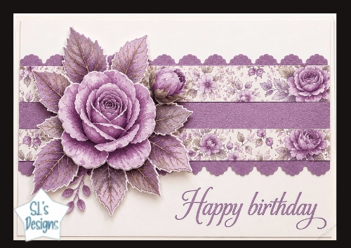 Purple Rose Birthday Card Topper with Elegant Floral Panels