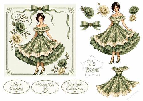Elegant Vintage Green Floral Lady – Card Front & Toppers Set
