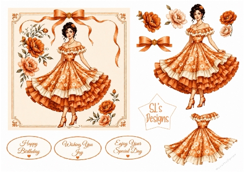 Elegant Vintage Orange Floral Lady – Card Front & Toppers Set